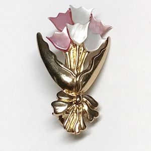 Vintage Floral Tulips Bouquet Pink and White MOP Goldtone Brooch Pin